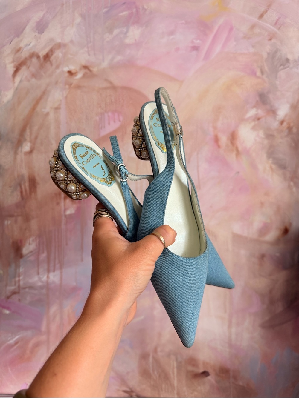 Rene Caovilla Denim Blue Jeweled Pearl Slingback Pumps